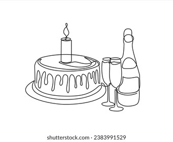 Continuous one line drawing of champagne bottle with glasses and cake. Concept of cheers, toast, holiday in line art style. Illustration on white background