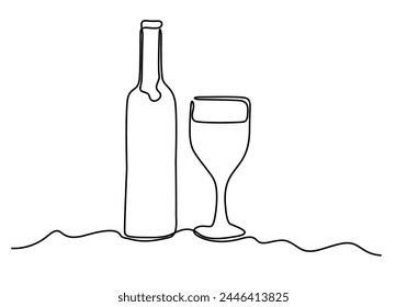 Dibujo continuo de una línea de botella de champán y vasos. Concepto de ovaciones, brindis, vacaciones en estilo de arte de línea. Ilustración sobre fondo blanco
