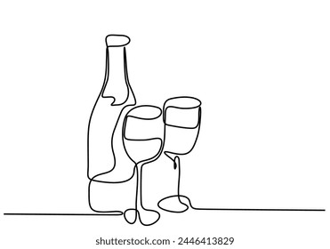 Kontinuierliche Einzeilenzeichnung von Champagnerflasche und Gläsern. Konzept von Jubel, Toast, Urlaub im Line-Art-Stil. Abbildung auf weißem Hintergrund