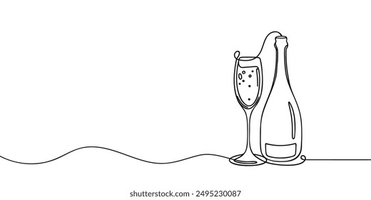 Dibujo continuo de una línea de botella de champán y vasos. Concepto de ovaciones, brindis, vacaciones en estilo de arte de línea. Ilustración sobre fondo blanco