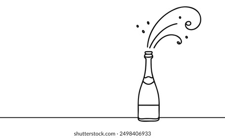 Continuous one line drawing of champagne bottle. Concept of cheers, toast, holiday in line art style. Illustration on white background