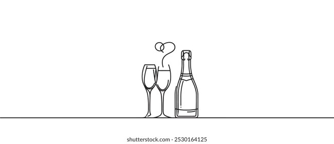 Desenho contínuo de uma linha de garrafa de champanhe e taças. ilustração vetorial.