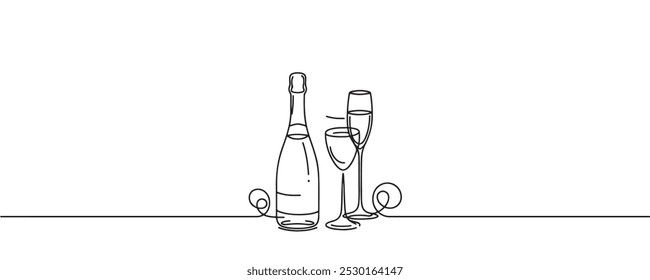 Continuous one line drawing of champagne bottle and glasses. vector illustration.