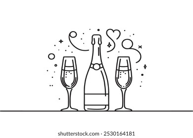 Continuous one line drawing of champagne bottle and glasses. vector illustration.