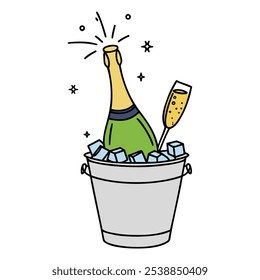 Continuous one line drawing Champagne bottle Wine Bucket Alcoholic drink and glass. one line drawing on white background.