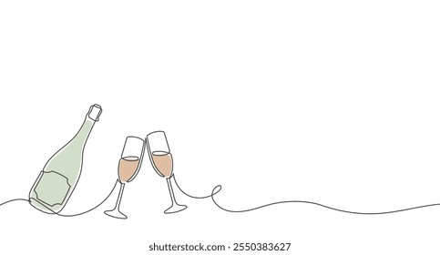 Continuous one line drawing of champagne bottle and two champagne glasses. Illustration for postcard, greeting card decoration.