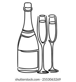 Continuous one line drawing of champagne bottle and glasses. Concept of cheers, toast, holiday in line art style. Illustration on white background