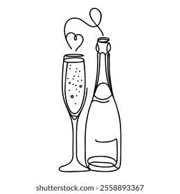 Continuous one line drawing of champagne bottle and glasses. Concept of cheers, toast, holiday in line art style. Illustration on white background