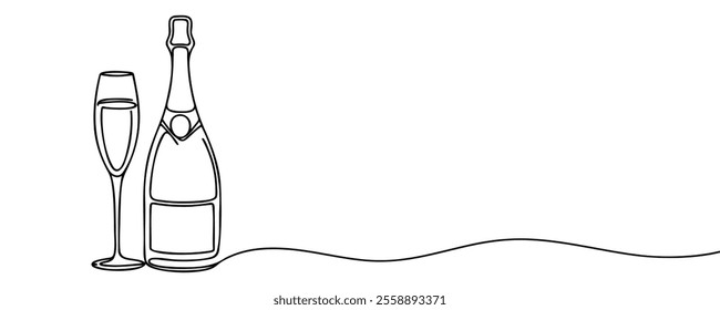 Continuous one line drawing of champagne bottle and glasses. Concept of cheers, toast, holiday in line art style. Illustration on white background