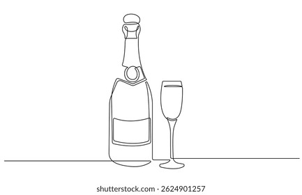 Dibujo continuo de una línea de copas de champán y boceto negro de botella sobre fondo blanco. Dibujo de línea de bebida. Ilustración vectorial dibujada a mano mínima para el café, partido, Festiva, invitación