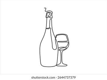 Continuous one line drawing of champagne bottle and glasses. Concept of cheers, toast, holiday in line art style.Hand drawn one line vector. Editable stroke