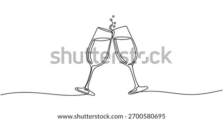 Continuous One line drawing of champagne and glasses. Editable stroke