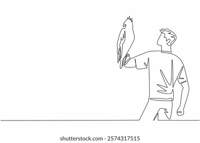 Continuous one line drawing changeable hawk eagle perched on hand of man. Spizaetus Cirrhatus. Agile forest dwelling predator. Claws. Man Holding Bird. Single line draw design vector illustration