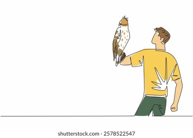 Continuous one line drawing changeable hawk eagle perched on hand of man. Spizaetus Cirrhatus. Agile forest dwelling predator. Claws. Man Holding Bird. Single line draw design vector illustration