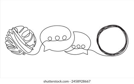 Continuous one line drawing of chaos and speech bubble. Metaphor of disorganized difficult problem, mess with black single continuous tangle thread in need of unraveling isolated on white