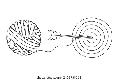 Dibujo continuo de una línea de Caos y tablero de dardos. La metáfora del problema difícil desorganizado encontró solución en el hilo de enredo continuo que necesita desenmarañarse