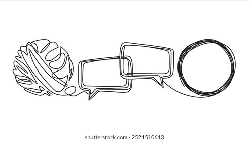 Continuous one line drawing of chaos and speech bubble. Metaphor of disorganized difficult problem, mess with black single continuous tangle thread in need of unraveling isolated on white	