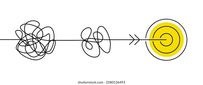 Continuous one line drawing of chaos tangle which gradually turns into achievement target, problem solving concept, trouble solution, brainstorming process - vector