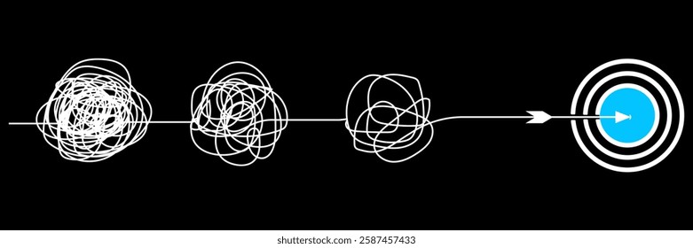 Continuous one line drawing of chaos tangle which gradually turns into achievement target, problem solving concept, trouble. Vector illustration in black background.