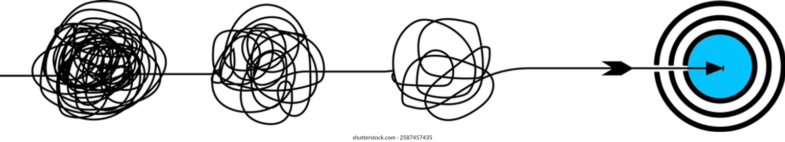 Continuous one line drawing of chaos tangle which gradually turns into achievement target, problem solving concept, trouble. Vector illustration in white background. 