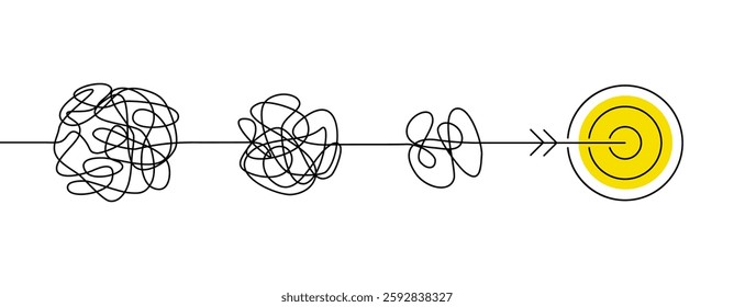 Continuous one line drawing of chaos tangle which gradually turns into achievement target, problem solving concept, trouble solution, brainstorming process