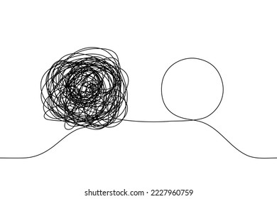 continuous one line drawing of a chaotic tangled complex knot and next to it a untwisted knot in the form of a single line circle. Concept of solving the problem, comparing the complex and the easy