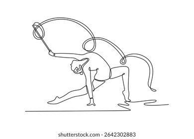 Continuous one line drawing charming artistic gymnast dancing with ribbon. Female gymnast, creativity, art with dancing routine and energy at arena. Single line draw design vector graphic illustration