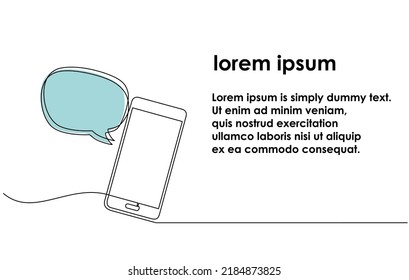 Continuous one line drawing of a chat messages on smartphone. Chat on mobile. send message and text with speech bubble, flat illustration vector of cell phone conversation in doodle style