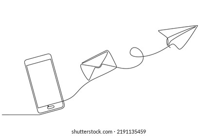 Continuous one line drawing of a chat messages on smartphone. Smartphone device concept sending instant message with flying envelope and paper airplane in doodle style. vector illustration