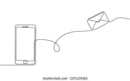 Continuous One Line Drawing Of A Chat Messages On Smartphone. Smartphone Device Concept Sending Instant Message With Flying Envelope. Mobile Phone Conversation Flat Illustration Vector In Doodle Style