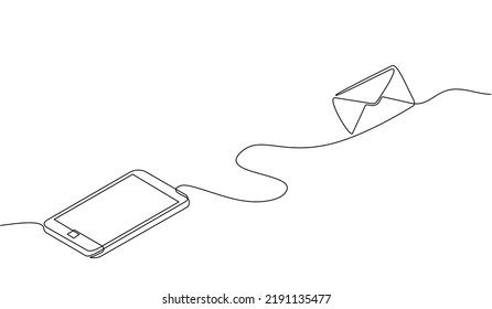 Continuous One Line Drawing Of A Chat Messages On Smartphone. Smartphone Device Concept Sending Instant Message With Flying Envelope. Mobile Phone Conversation Flat Illustration Vector In Doodle Style