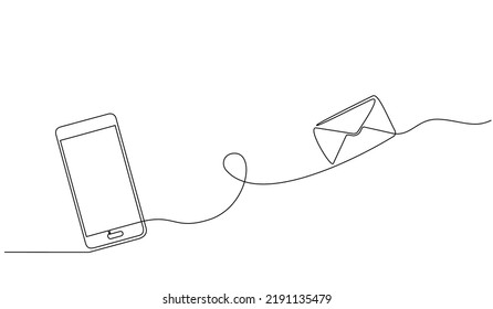 Continuous One Line Drawing Of A Chat Messages On Smartphone. Smartphone Device Concept Sending Instant Message With Flying Envelope. Mobile Phone Conversation Flat Illustration Vector In Doodle Style