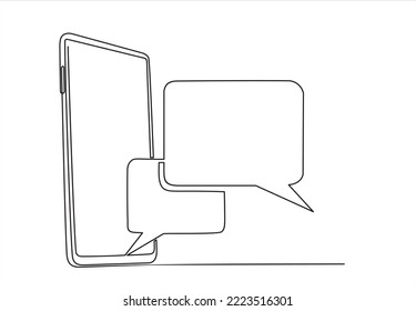Continuous one line drawing of a chat messages on smartphone. Chat on mobile. send message and text with speech bubble, flat illustration vector of cell phone conversation in doodle style