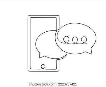 Dibujo continuo de una línea de mensajes de chat en un smartphone. Chat en el móvil. enviar mensaje y texto con burbuja de voz, vector de ilustración plana de conversación de teléfono celular en estilo doodle