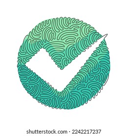 Símbolo continuo de icono de verificación de dibujo de una línea. Prueba aprobada correcta diseño de concepto de elemento derecho. Un esbozo del doodle. Estilo de fondo del círculo de redondeo giratorio. vector gráfico de tracción de línea única
