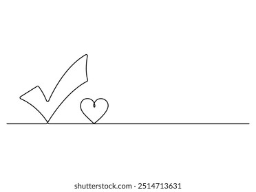 Fortlaufende einzeilige Zeichnung des Prüfzeichens. Einzeln auf weißem Hintergrund, Vektorgrafik 