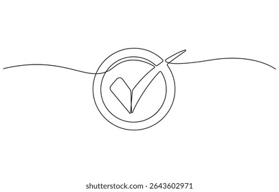 Continuous one line drawing of check mark. Tick single line icon. Check mark black icon, Vector illustration, . Single line confirmation icon. Vector illustration.