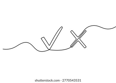 Continuous one line drawing of checkmark and cross symbols for success and failure icons