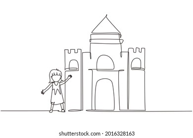 Continuous one line drawing cheerful girl playing in castle made of cardboard boxes. Happy little medieval princess. Creative kid playing castle. Single line draw design vector graphic illustration