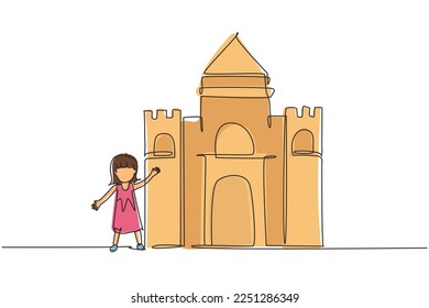 Continuous one line drawing cheerful girl playing in castle made of cardboard boxes. Happy little medieval princess. Creative kid playing castle. Single line draw design vector graphic illustration