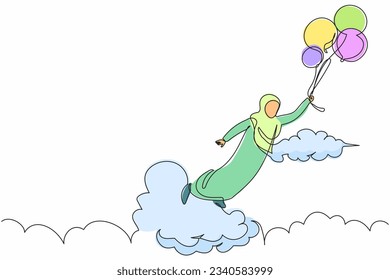 Continuous one line drawing cheerful Arabian businesswoman flying with balloon air in the sky. Happy office worker achieve financial independence. Single line draw design vector graphic illustration