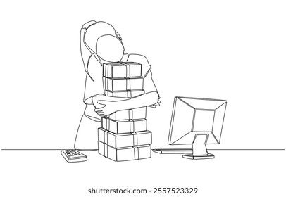 Continuous one line drawing of cheerful online seller hugging pile of packaging boxes, successful online sales concept, single line art