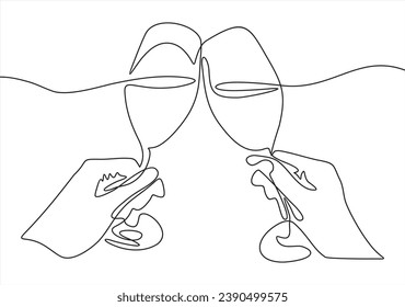 Continuous one line drawing. cheering with glasses of wine or champagne. Minimalism sketch hand drawn isolated on white background. Simplicity line art abstract style.