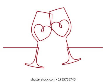 Un continuo dibujo de una línea de ovaciones con dos vasos de vino. El corazón forma dentro del vidrio. Ilustración del vector