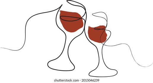 Continuous one line drawing of cheers two glasses for party celebration. Festive toast concept isolated on white background. Minimalist line art of cheering glasses of wine. Vector illustration