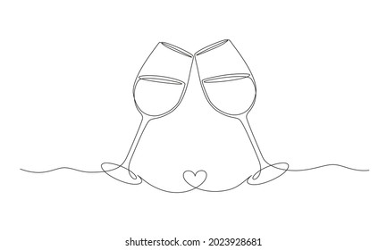 Continuous one line drawing of cheers two glasses. Romantic toast concept with heart shape in linear style isolated on white background. Vector illustration