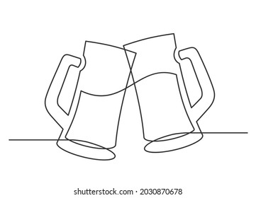 Continuous one line drawing of cheers two beer mugs. Vector illustration