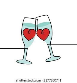 Un continuo dibujo de una línea de ovaciones con dos vasos de vino. El corazón forma dentro del vidrio. Ilustración vectorial.