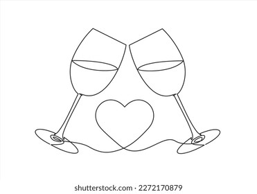 Continuous one line drawing of cheers two glasses with wine and hearts. Romantic toast concept  in linear style isolated on white background. Vector illustration