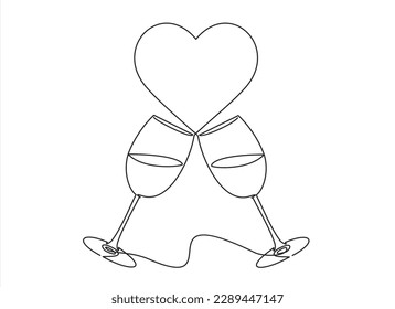 Continuous one line drawing of cheers two glasses with wine and hearts. Romantic toast concept  in linear style isolated on white background. Vector illustration